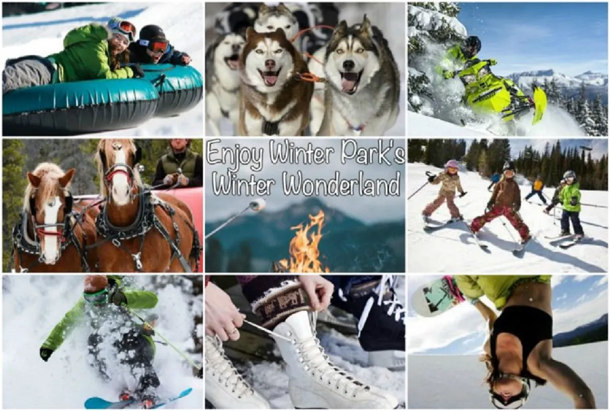 A lively winter scene filled with various outdoor activities: people are tubing down snowy slopes, huskies are ready for dog sledding, snowmobiles are lined up, and horse-drawn sleighs glide by. Skiers and snowboarders race down the hillsides, children play in the snow, and visitors gather around a fire pit or lace up ice skates.