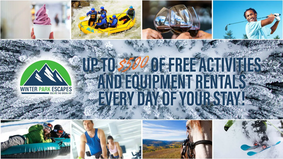 A dynamic exterior collage showing guests enjoying white-water rafting, golfing, skiing, horseback riding, and indoor activities. The image bursts with energy, highlighting the variety of complimentary and nearby outdoor activities available throughout the year.