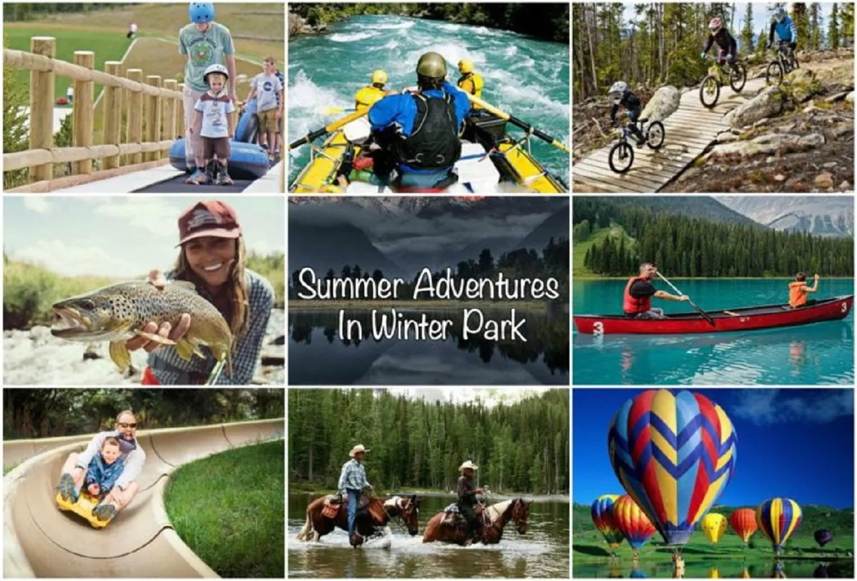 A dynamic summer scene where families and adventurers enjoy kayaking on the river, biking along trails, fishing, horseback riding, and even hot air ballooning. The landscape is lush and green, brimming with summertime energy and outdoor possibilities.
