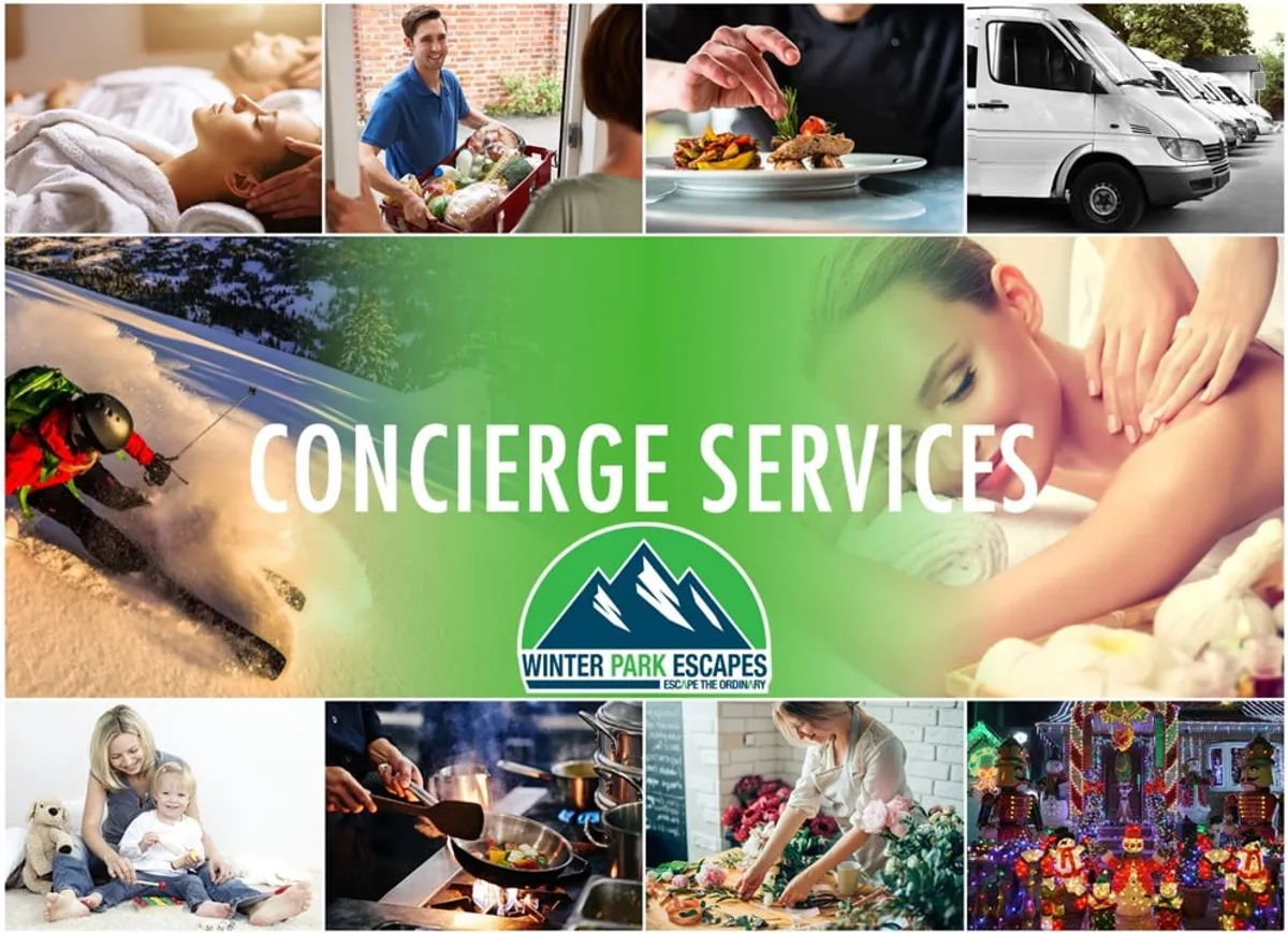 A vibrant collage-style interior scene featuring spa treatments, gourmet meals served in a stylish dining area, families enjoying activities together, skiing, and visible transportation services. It captures both resort-style luxury and the active, adventurous lifestyle available to guests.